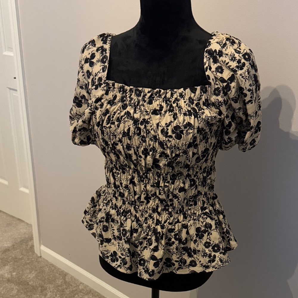 Sugarlips Black and Cream Floral Smocked Blouse